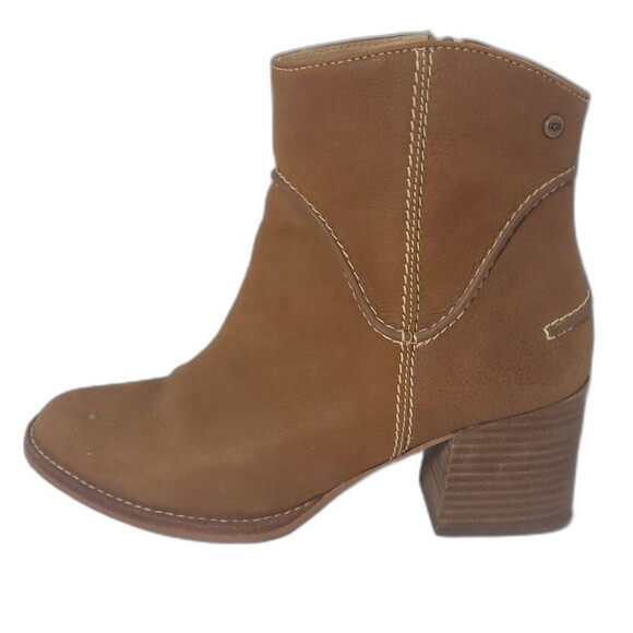 UGG Annie Chestnut Brown Tan Leather Heeled Ankle Booties Boots Women’s 8 - Picture 2 of 13